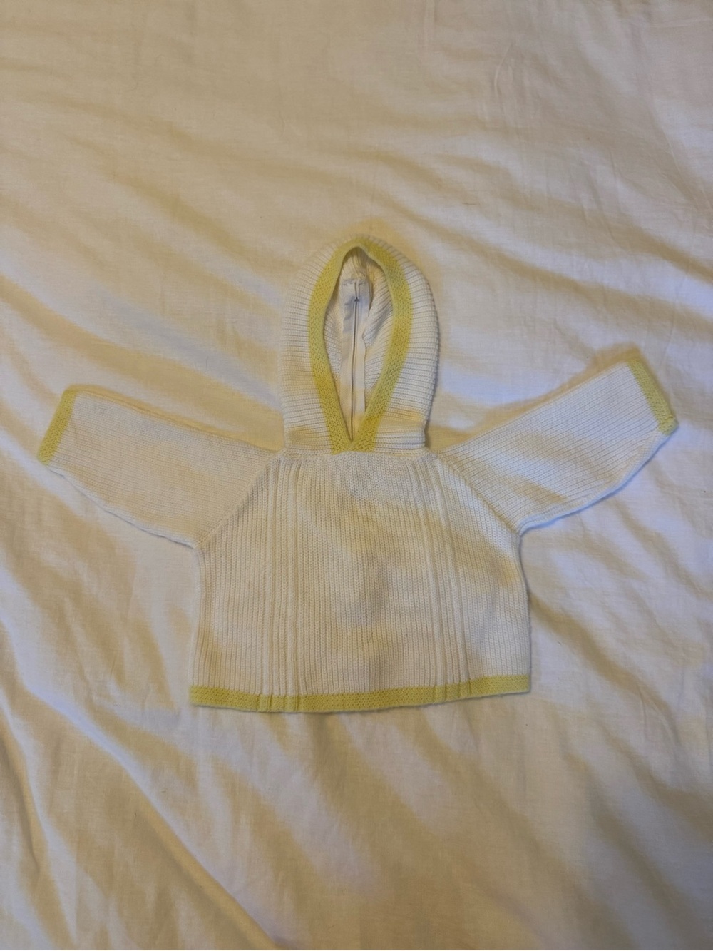 Knit Hooded Baby Sweater in Cream with Yellow Trim